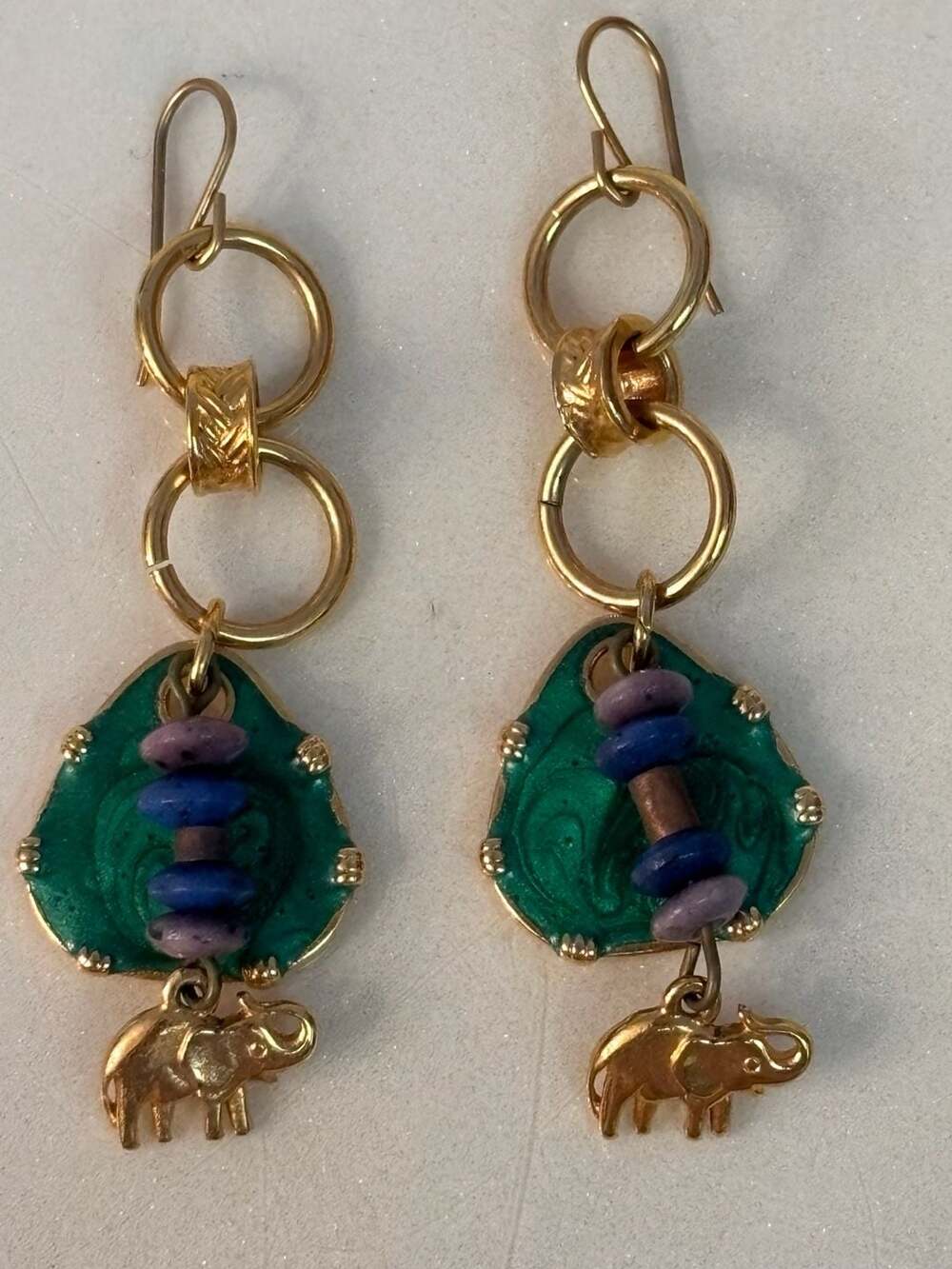 Birenbi Elephant and Green and Gold tone Dangle Earrings